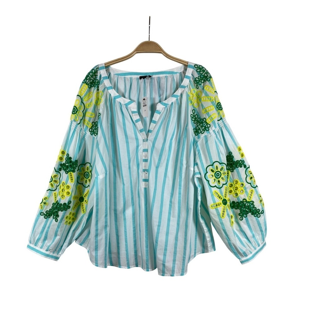 Talbots Striped Eyelet Floral Peasant Blouse Women 2X White‎ Green Embroidered